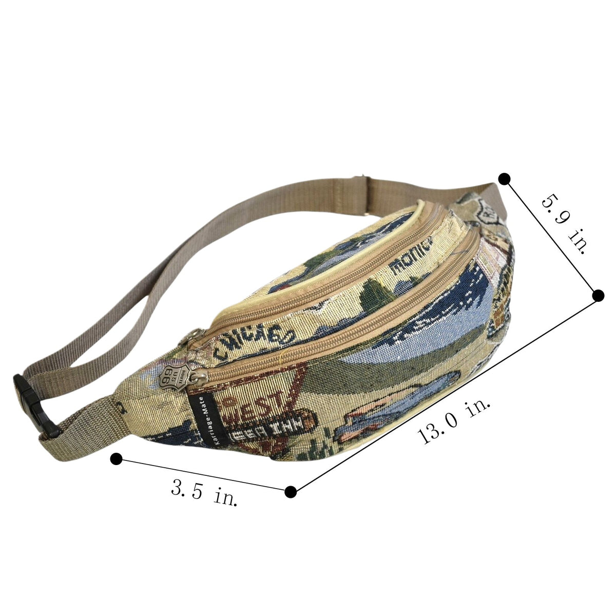 Route 66 Tapestry Canvas Waist Bag with Front Zipper Pocket and Adjustable Multi-Way Strap