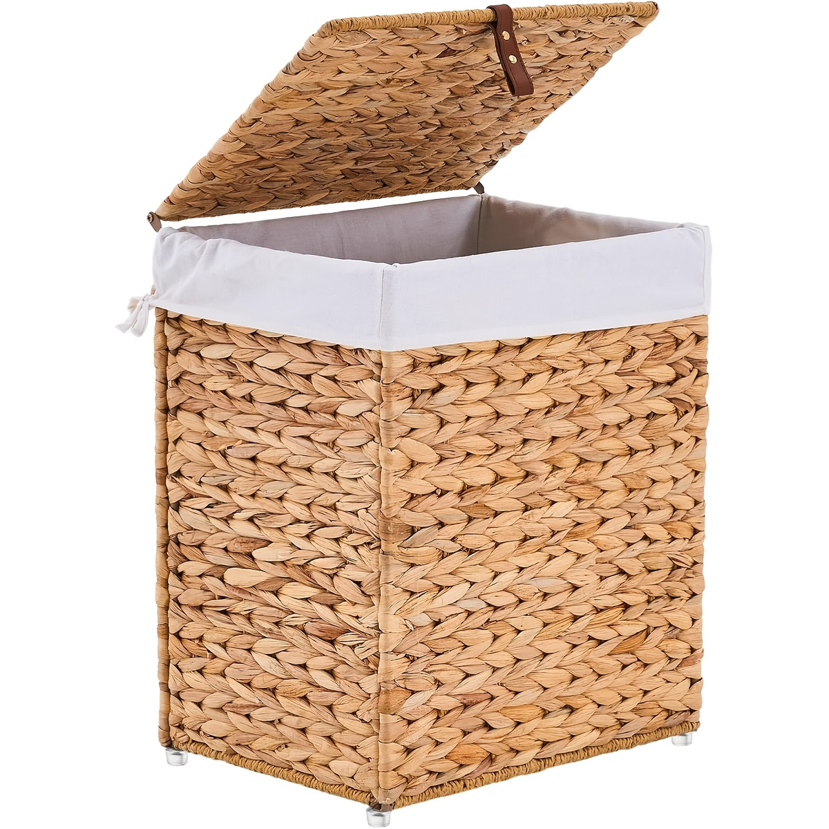 Laundry Basket with Lid & Handles - Handwoven Water Hyacinth Wicker Hamper, Removable Cotton Liner