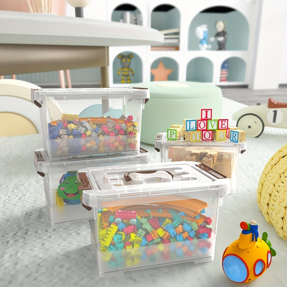 Storage Bins for Small-Item Organization, Six-Pack Clear Stackable Boxes with Brown Latches and Lid Handles