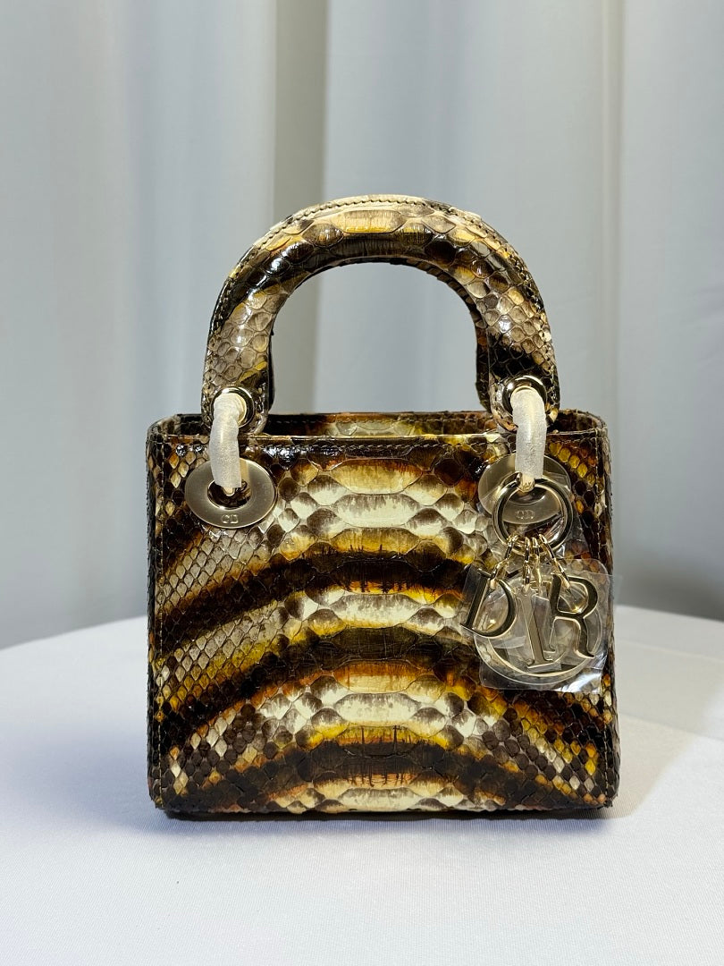 Dior Lady Dior Mini – Python Exotic Skin Brown Gold Tonal Silver Hardware DIOR Charm Chain Strap