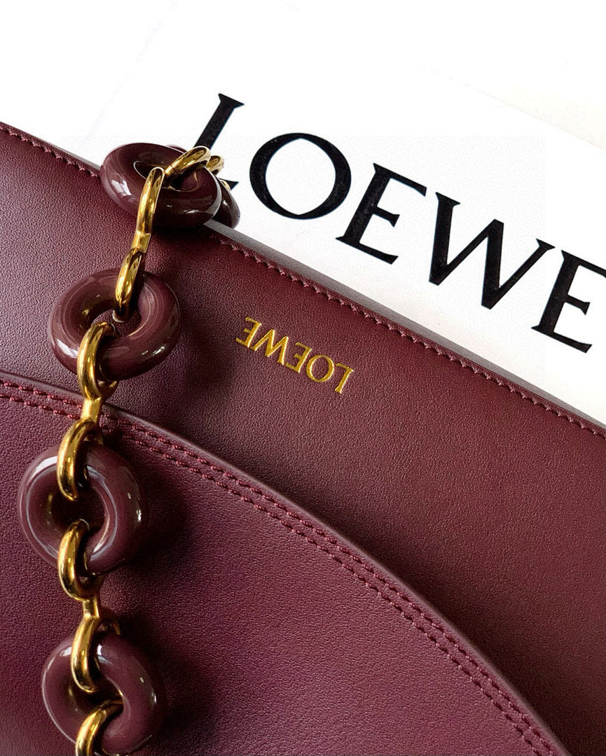Loewe Cubi Shoulder Bag – Burgundy Deep Wine Smooth Calfskin Gold Resin Chain