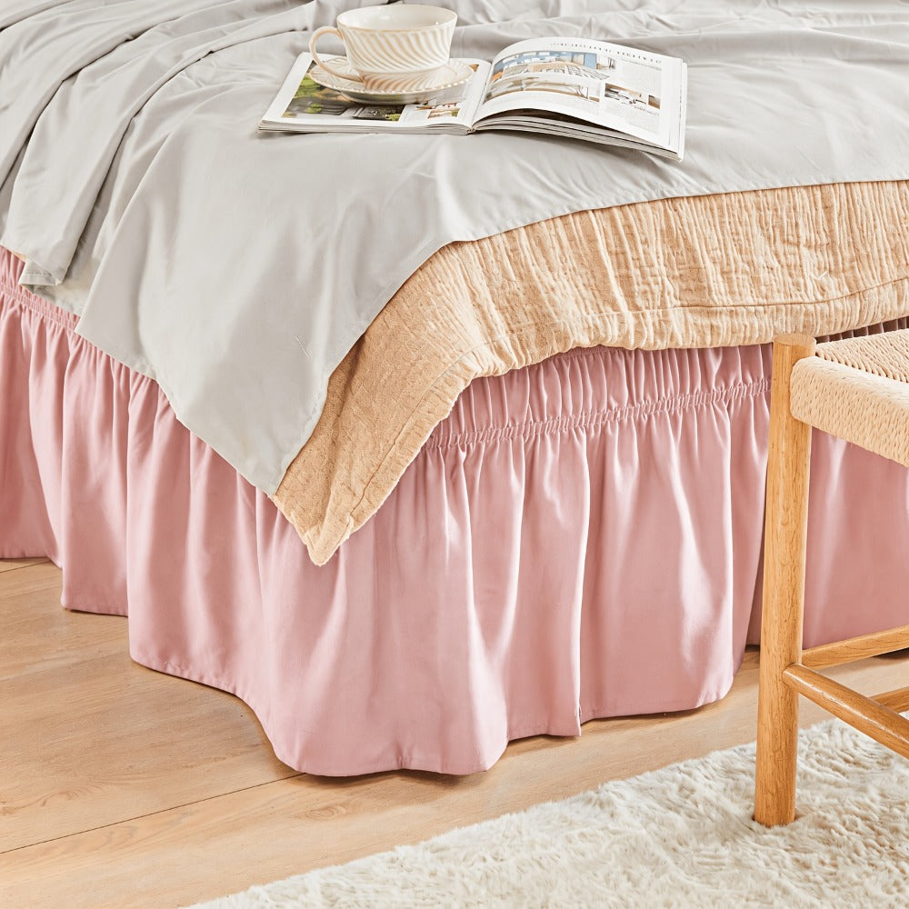 Bed Skirt with Adjustable Elastic Belt - Ruffle Microfiber Dust Ruffle 15 Inch Drop, Hotel Quality, Fade Resistant, Machine Washable, Easy Wrap Fit