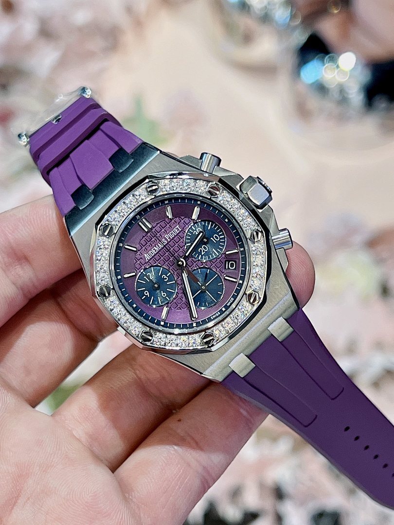 Audemars Piguet Royal Oak Offshore Chronograph – Steel Diamond Bezel Purple Mega Tapisserie Dial Date Purple Rubber Strap