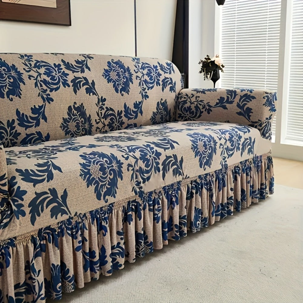 Sofa Cover Dark Blue Printed Skirt Slipcover with High-Elasticity Fiber and Fixing Rods with Model-Specific Size and Color Options