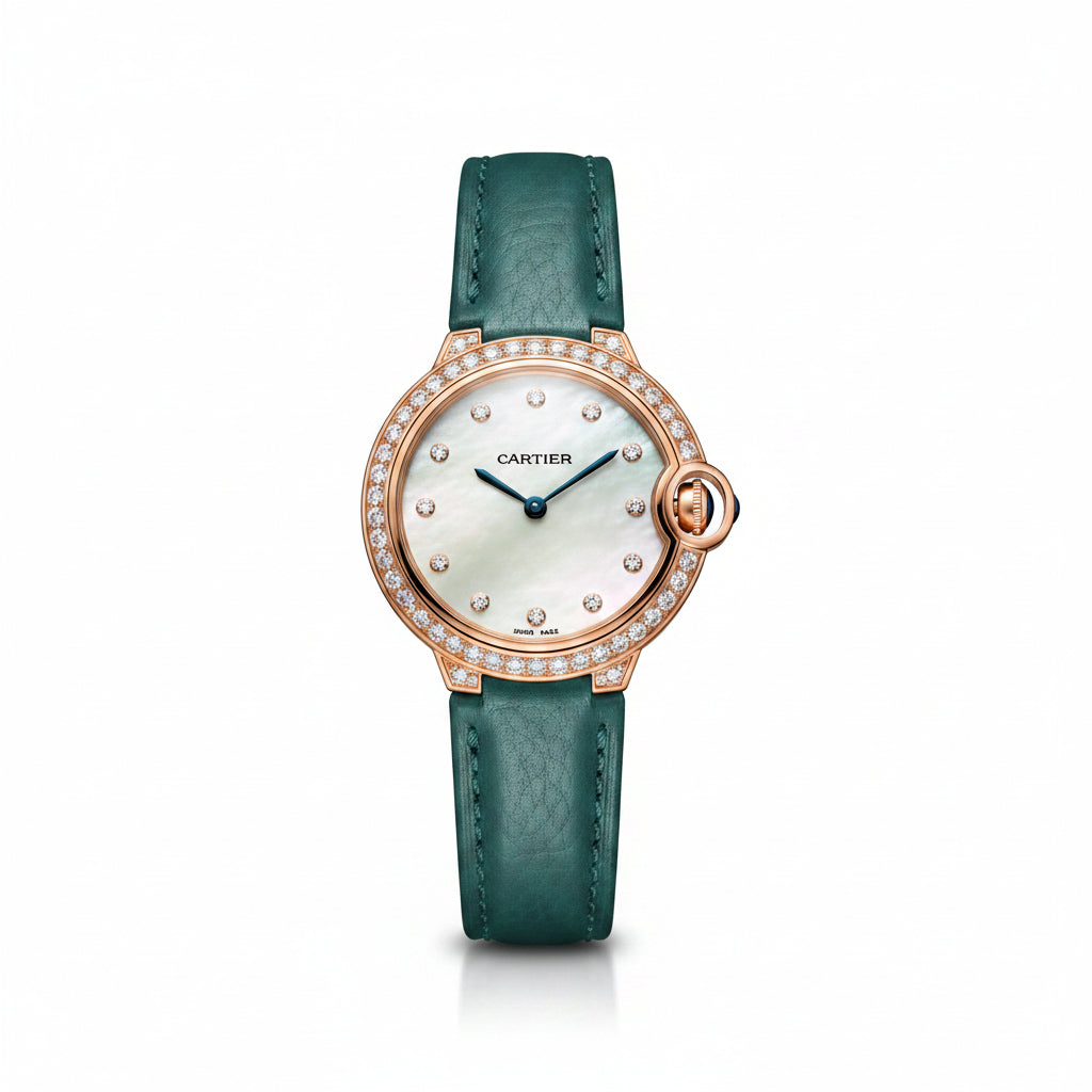 Cartier Ballon Bleu Watch — Diamond Bezel, Mother-of-Pearl & Green Strap