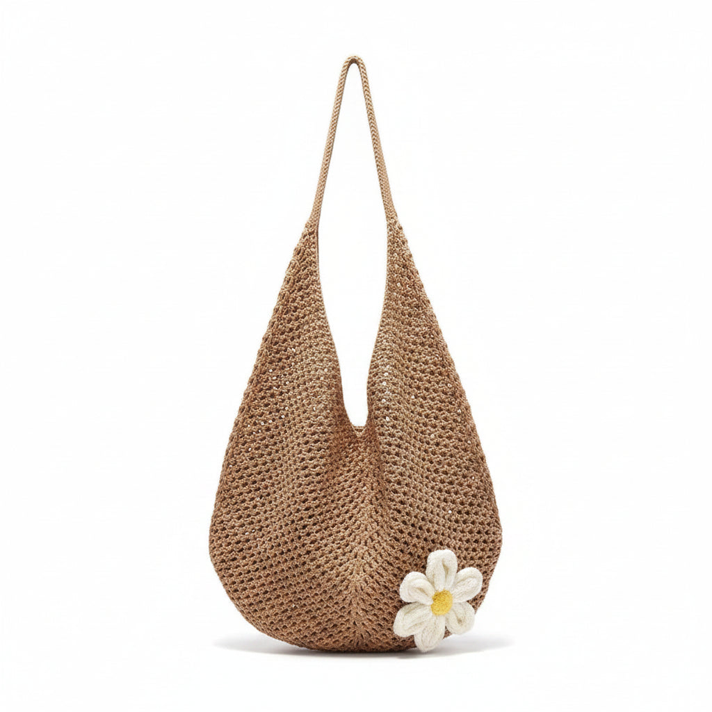Women's Tan Straw Crochet Slouchy Hobo Bag with Daisy Accent
