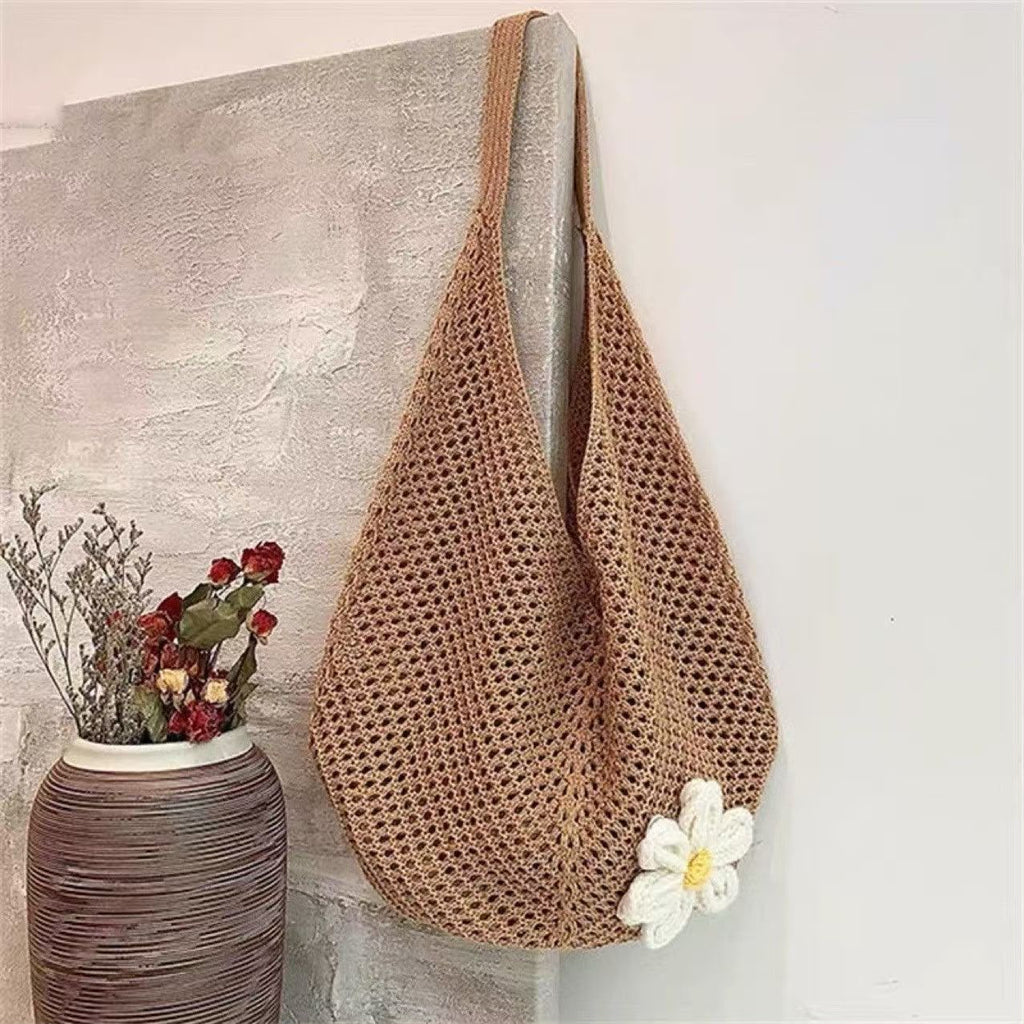 Women's Tan Straw Crochet Slouchy Hobo Bag with Daisy Accent