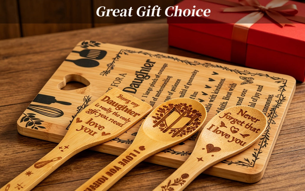 Engraved Bamboo Cutting Board Gift Set for Daughter, Recipe for a Special Daughter Kitchen Utensil Set