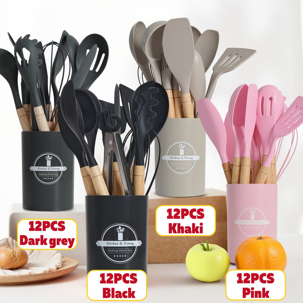 Silicone Kitchen Utensil Set 12PCS with Wooden Handle - Heat Resistant Non-Stick Safe for Home Cooking, Dining and Outdoor Meals