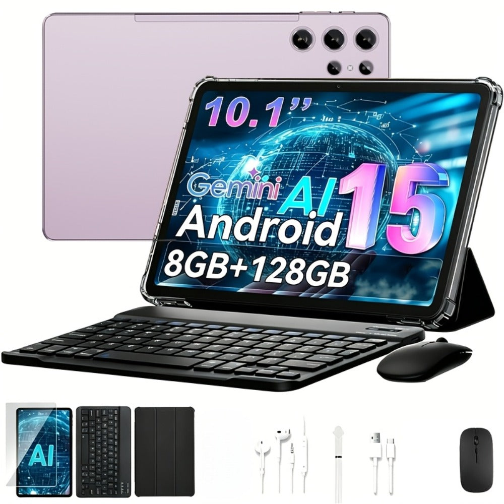 2-in-1 Tablet Android 15, 10.1 Inch Tablet with Keyboard Case Stylus, 8GB RAM 128GB ROM, 8000mAh Battery