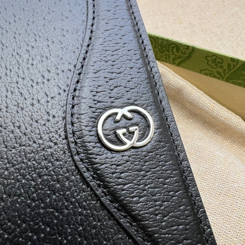 Gucci Interlocking GG Card Holder Wallet – Black Pebbled Leather Silver Hardware