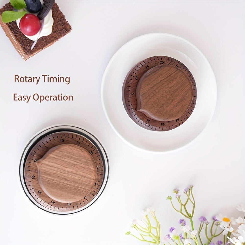 Mechanical Kitchen Timer with Loud Alarm - Black Walnut Wood Cooking Timer, 100% Battery-Free Desktop Timer for Cooking