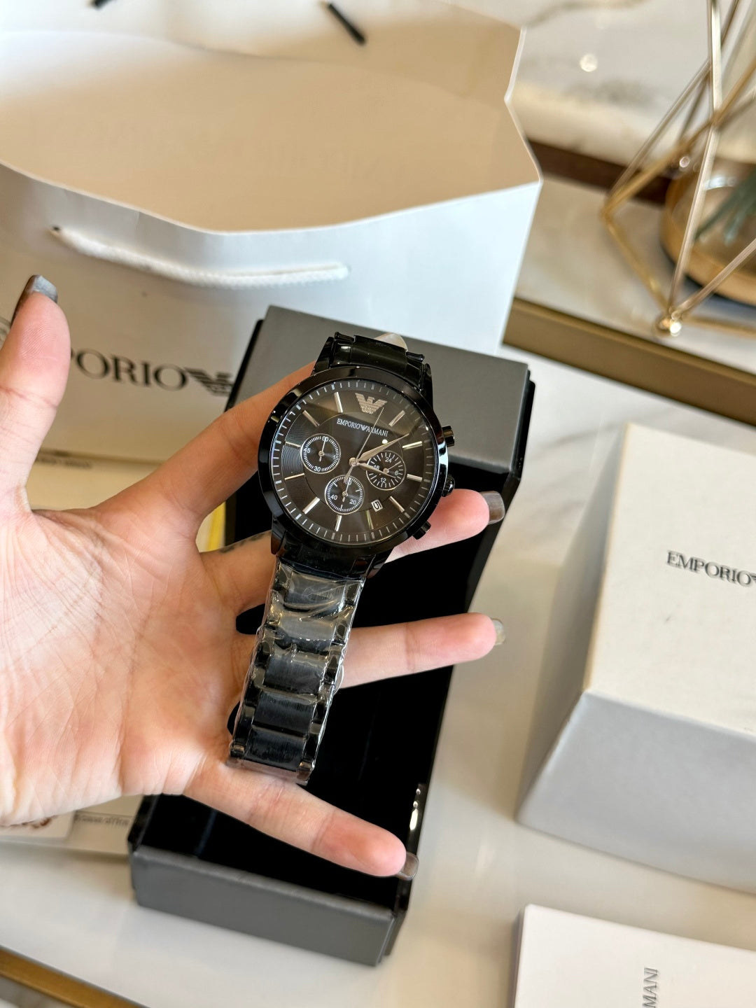 Emporio Armani Renato Men's Chronograph Watch – Full Black Gold Accent