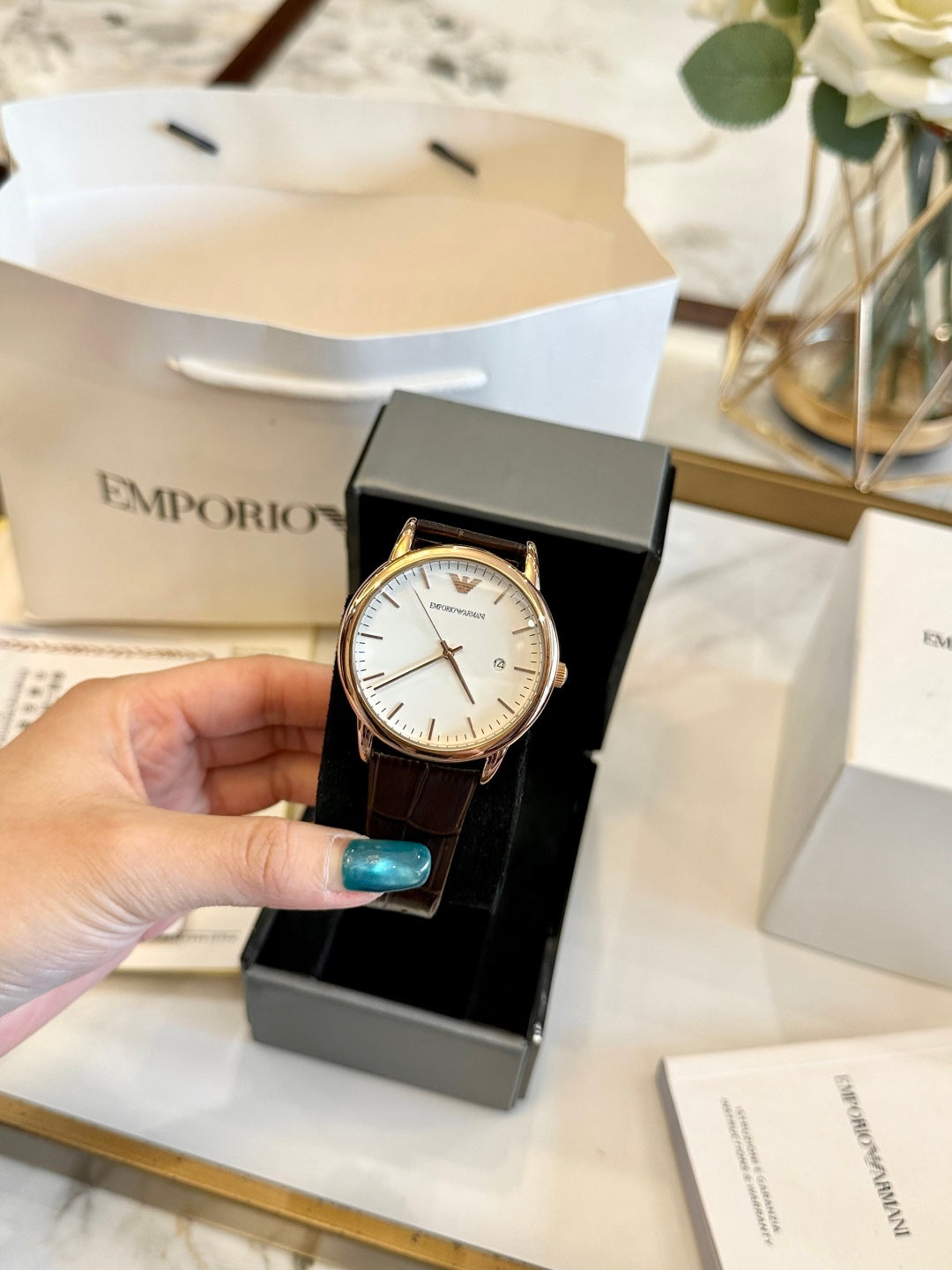 Emporio Armani Men's Dress Watch – Rose Gold White Dial Brown Leather Strap