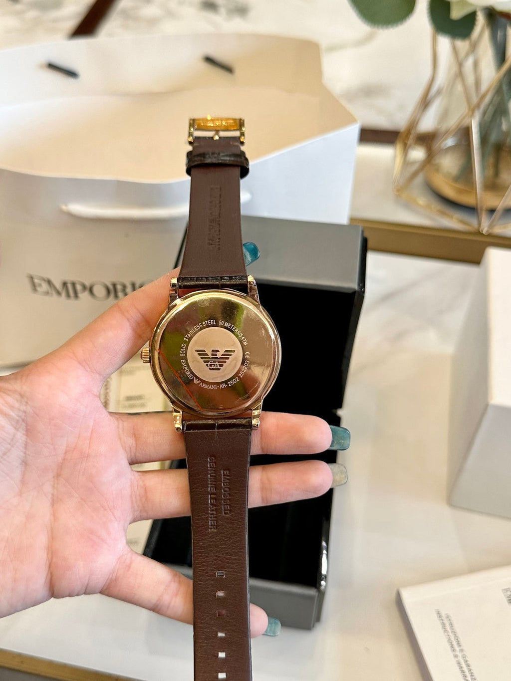Emporio Armani Men's Dress Watch – Rose Gold White Dial Brown Leather Strap