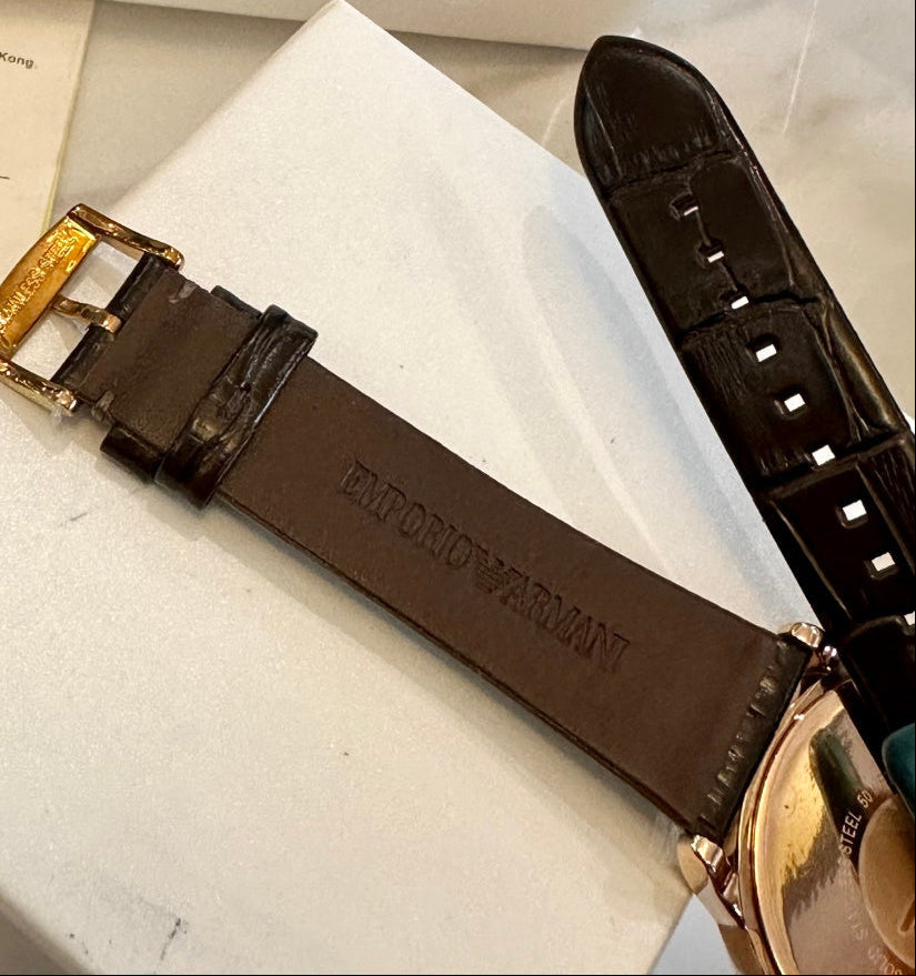 Emporio Armani Men's Dress Watch – Rose Gold White Dial Brown Leather Strap