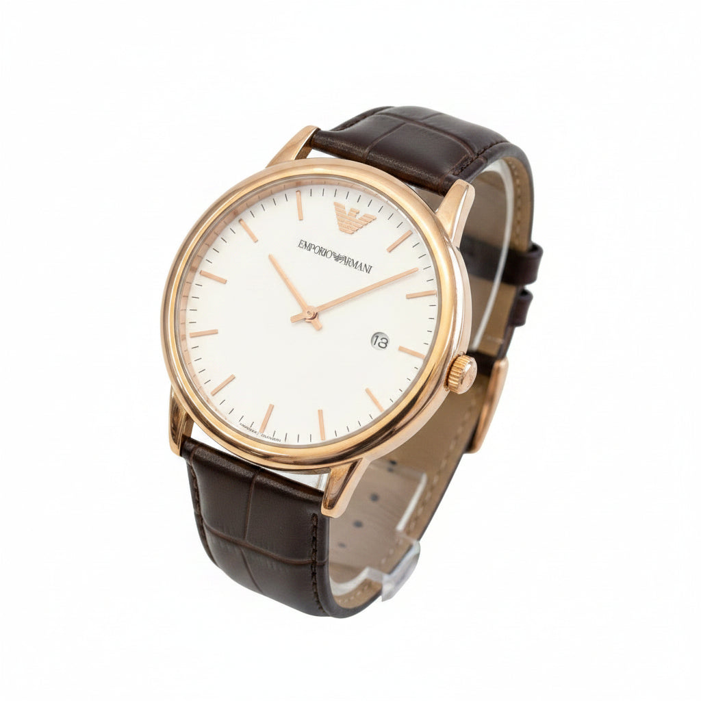 Emporio Armani Men's Dress Watch – Rose Gold White Dial Brown Leather Strap