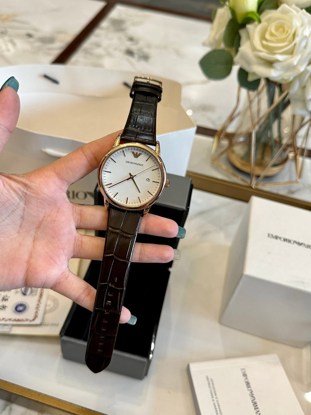 Emporio Armani Men's Dress Watch – Rose Gold White Dial Brown Leather Strap