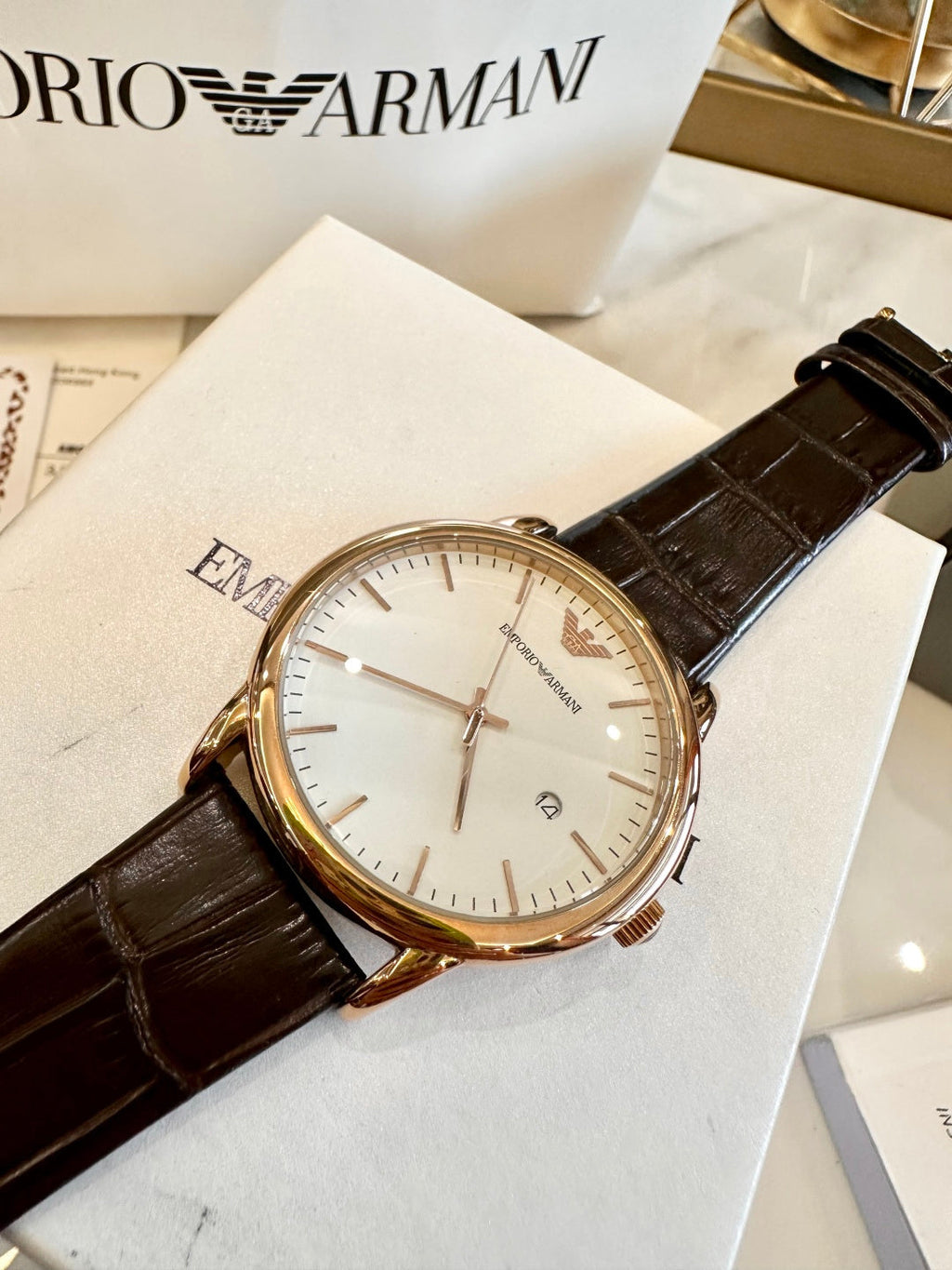 Emporio Armani Men's Dress Watch – Rose Gold White Dial Brown Leather Strap