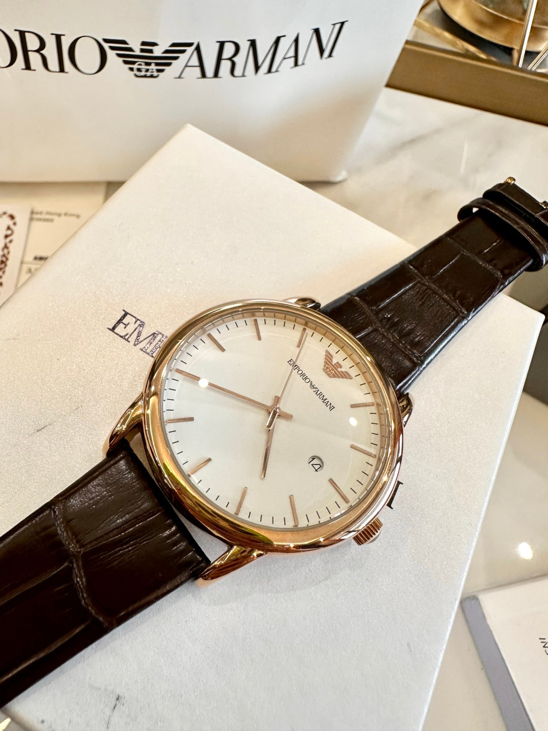 Emporio Armani Men's Dress Watch – Rose Gold White Dial Brown Leather Strap