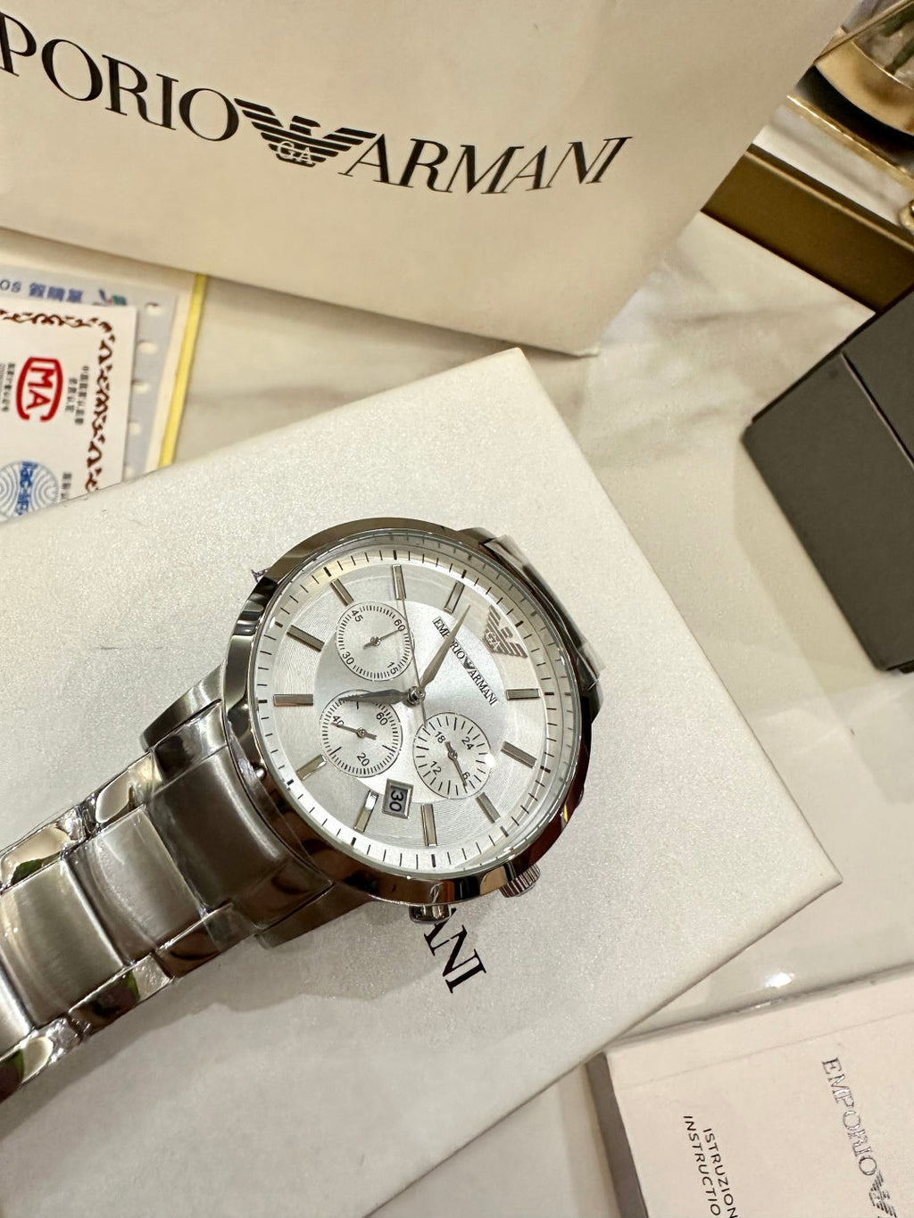 Emporio Armani Renato Men's Chronograph Watch – Silver White Dial Steel Bracelet