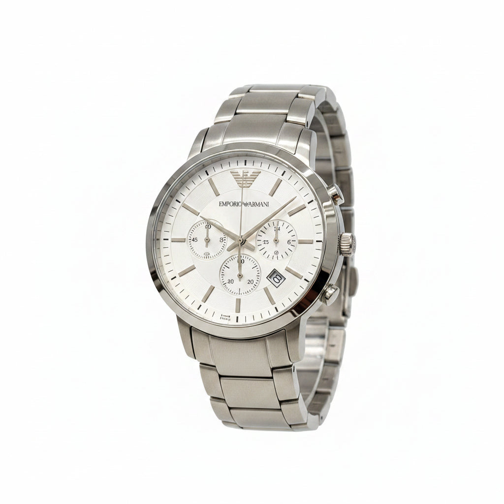 Emporio Armani Renato Men's Chronograph Watch – Silver White Dial Steel Bracelet