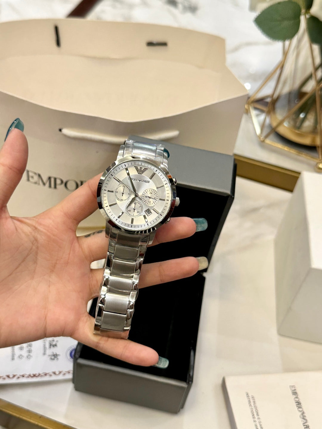 Emporio Armani Renato Men's Chronograph Watch – Silver White Dial Steel Bracelet