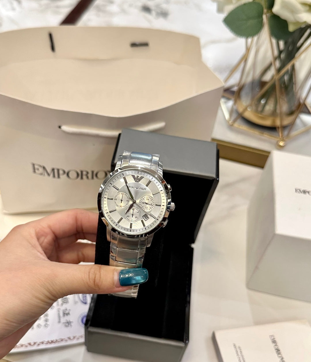 Emporio Armani Renato Men's Chronograph Watch – Silver White Dial Steel Bracelet