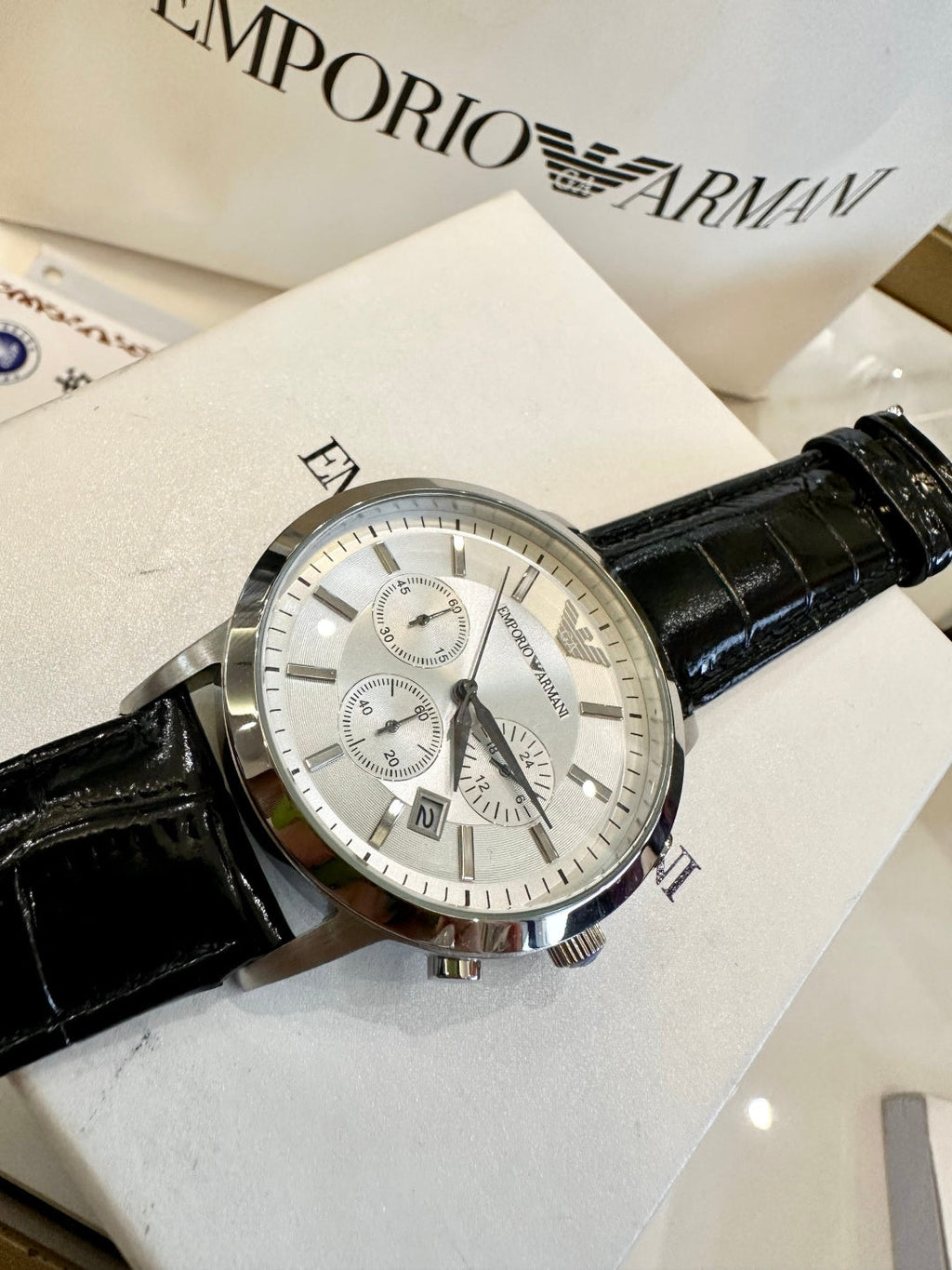 Emporio Armani Men's Chronograph Dress Watch – White Dial Black Leather Strap