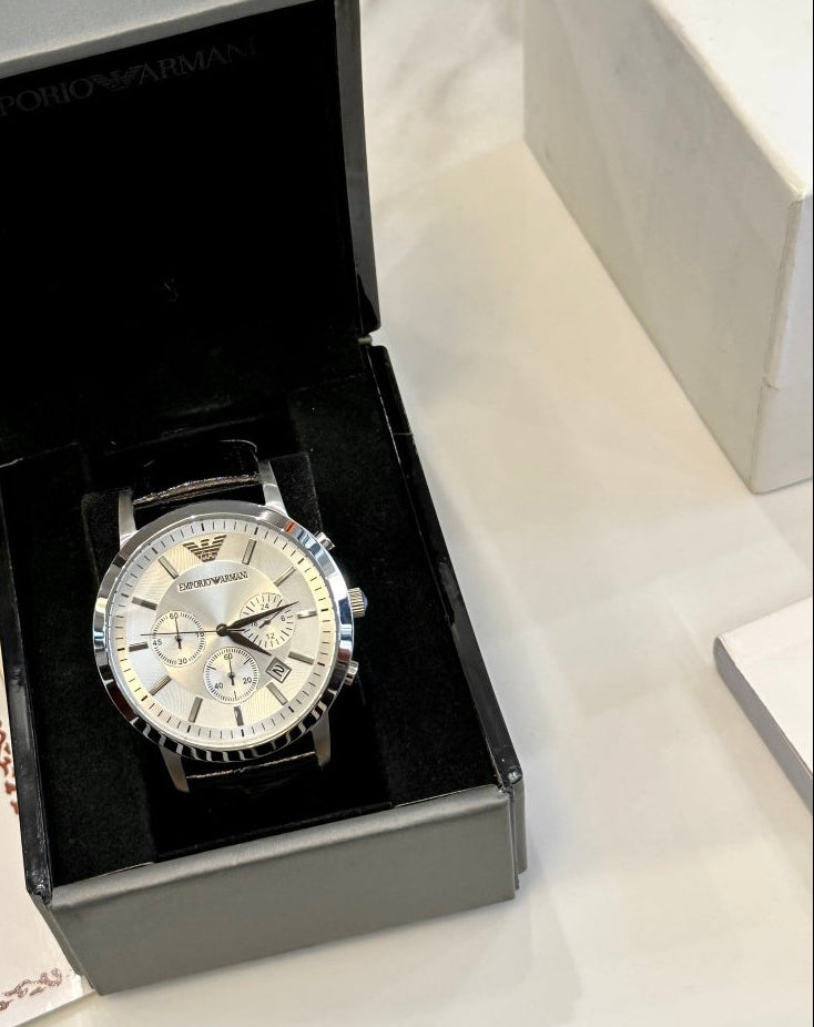 Emporio Armani Men's Chronograph Dress Watch – White Dial Black Leather Strap