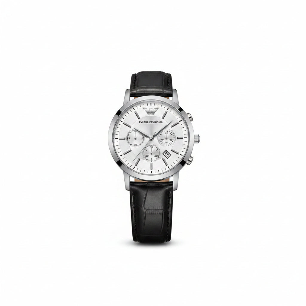 Emporio Armani Men's Chronograph Dress Watch – White Dial Black Leather Strap