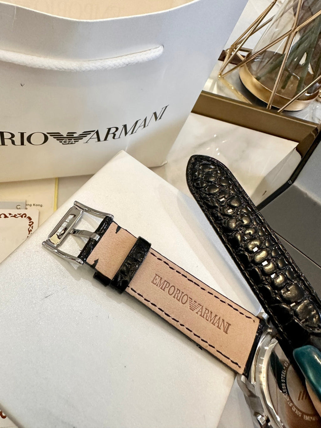 Emporio Armani Men's Chronograph Dress Watch – White Dial Black Leather Strap