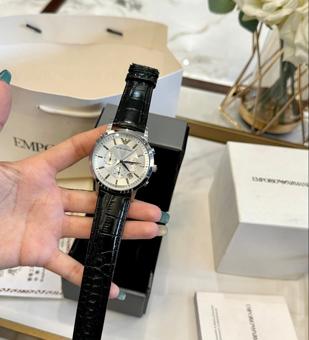 Emporio Armani Men's Chronograph Dress Watch – White Dial Black Leather Strap