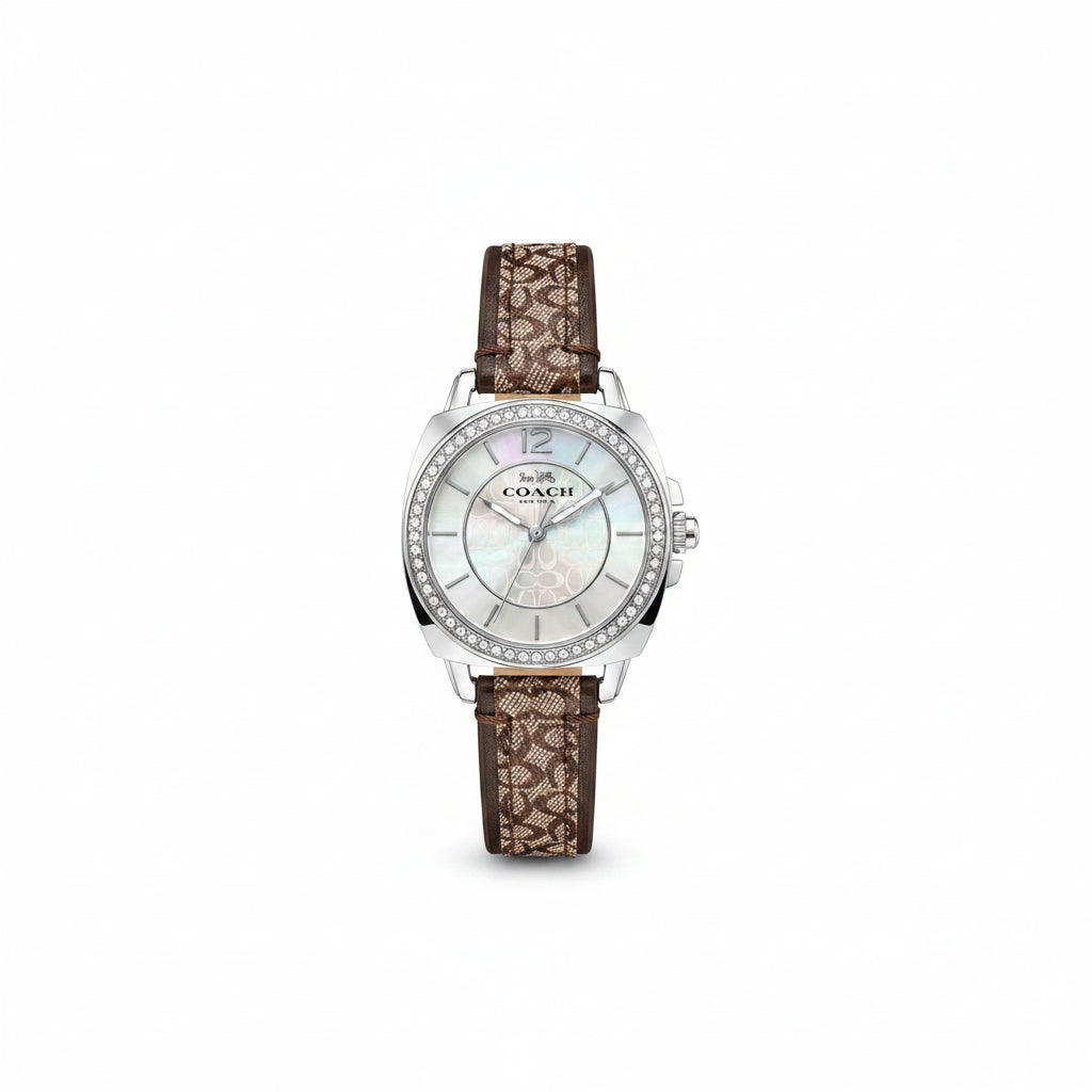 Coach Ladies Watch – Crystal Bezel Mother-of-Pearl Signature Canvas Strap