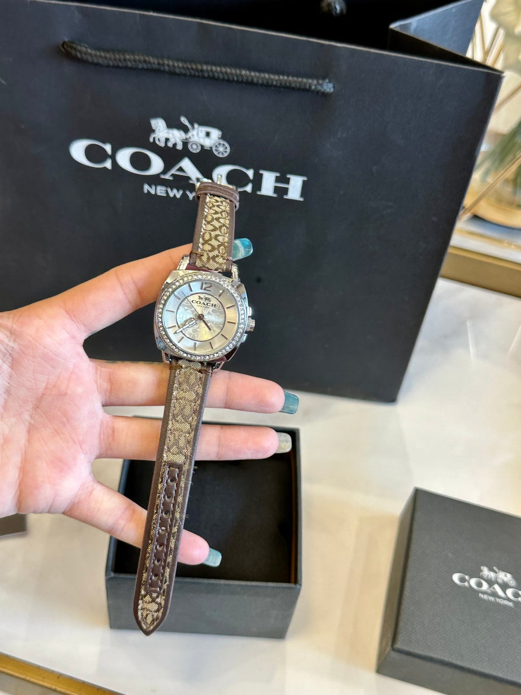 Coach Ladies Watch – Crystal Bezel Mother-of-Pearl Signature Canvas Strap