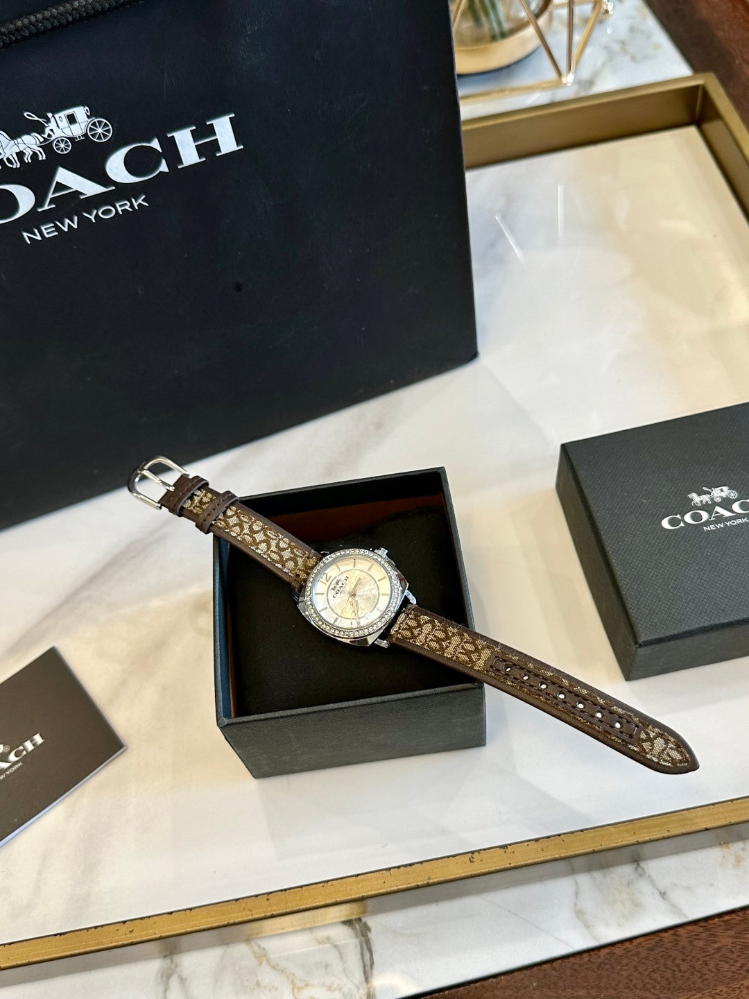 Coach Ladies Watch – Crystal Bezel Mother-of-Pearl Signature Canvas Strap