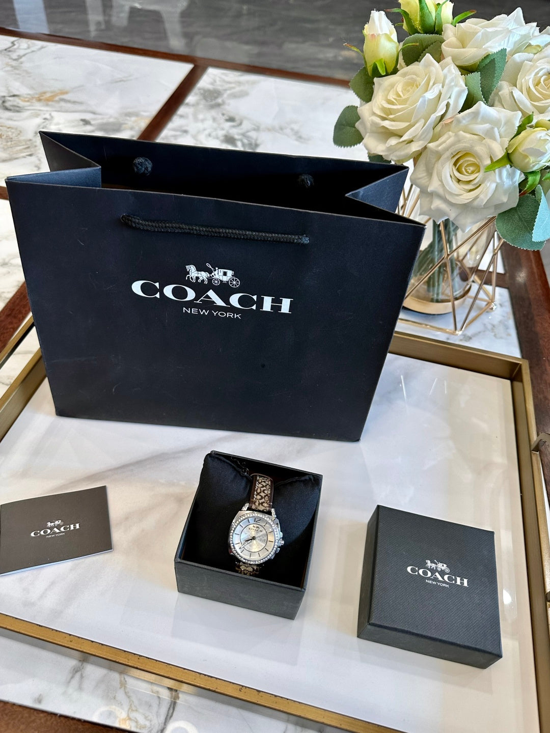 Coach Ladies Watch – Crystal Bezel Mother-of-Pearl Signature Canvas Strap