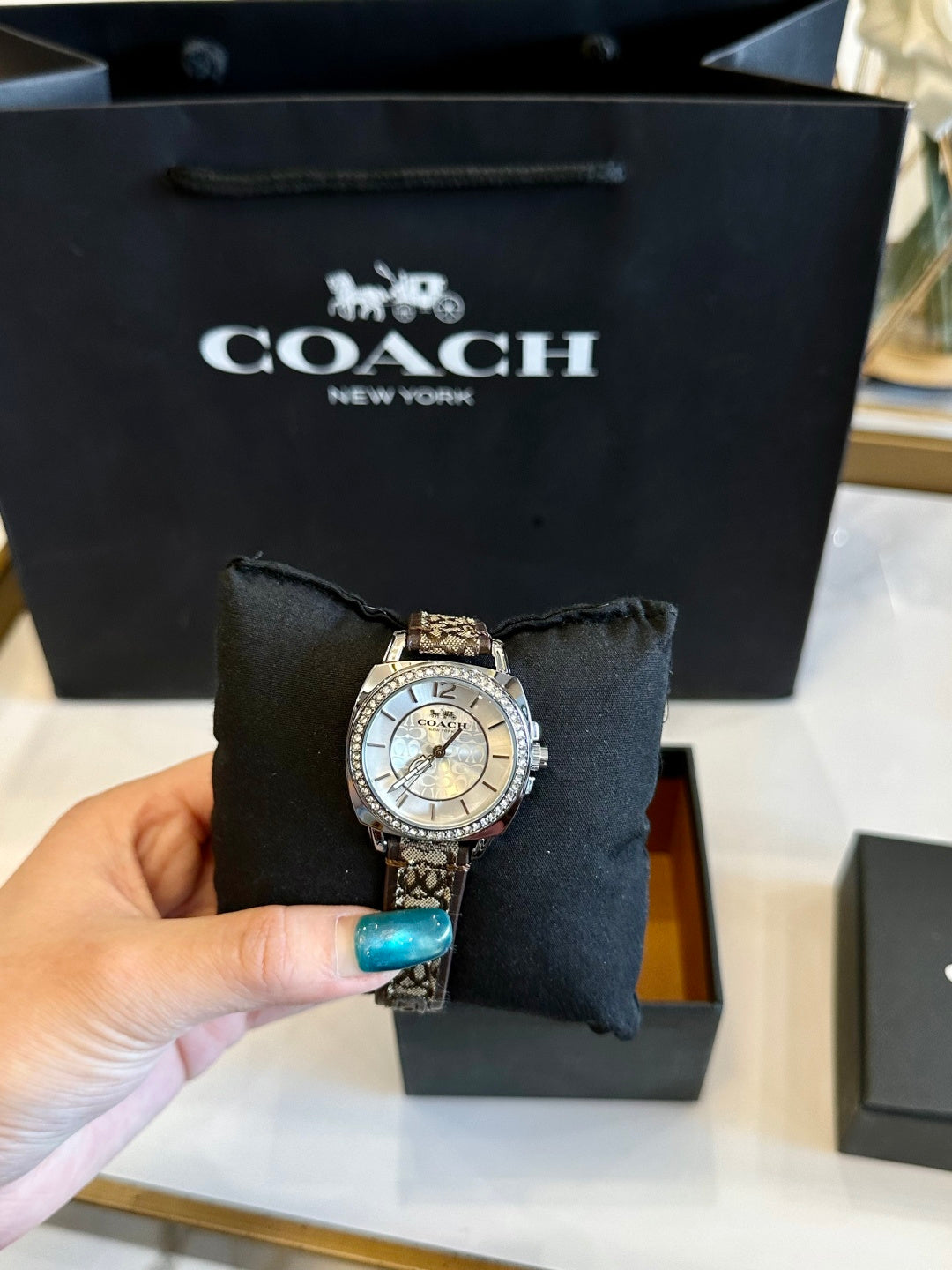 Coach Ladies Watch – Crystal Bezel Mother-of-Pearl Signature Canvas Strap