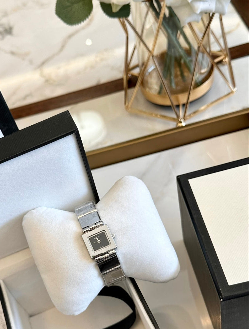 Gucci Ladies Square Watch – Silver Stainless Steel Black Dial