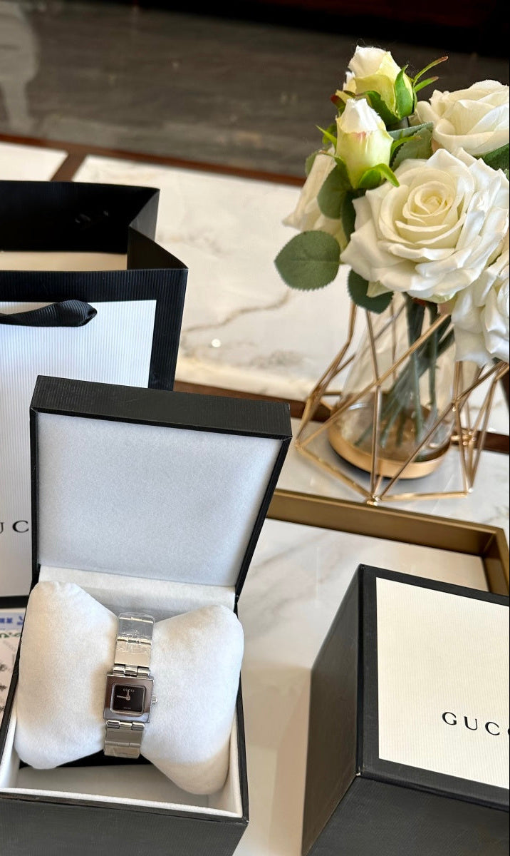 Gucci Ladies Square Watch – Silver Stainless Steel Black Dial