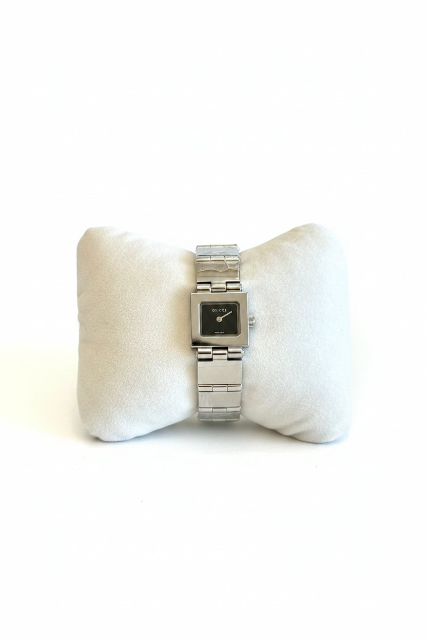 Gucci Ladies Square Watch – Silver Stainless Steel Black Dial