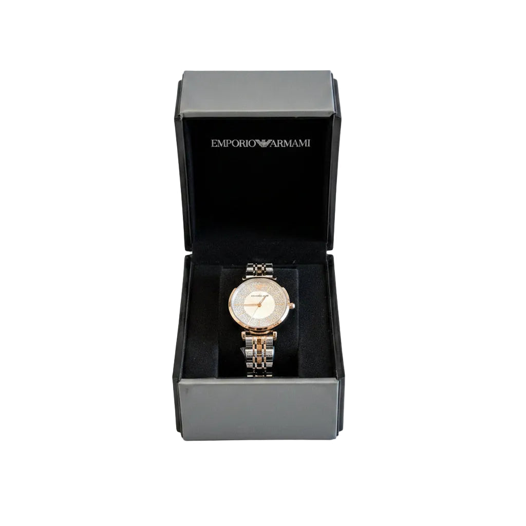 Emporio Armani Ladies Watch – Two-Tone Crystal Bezel Mother-of-Pearl