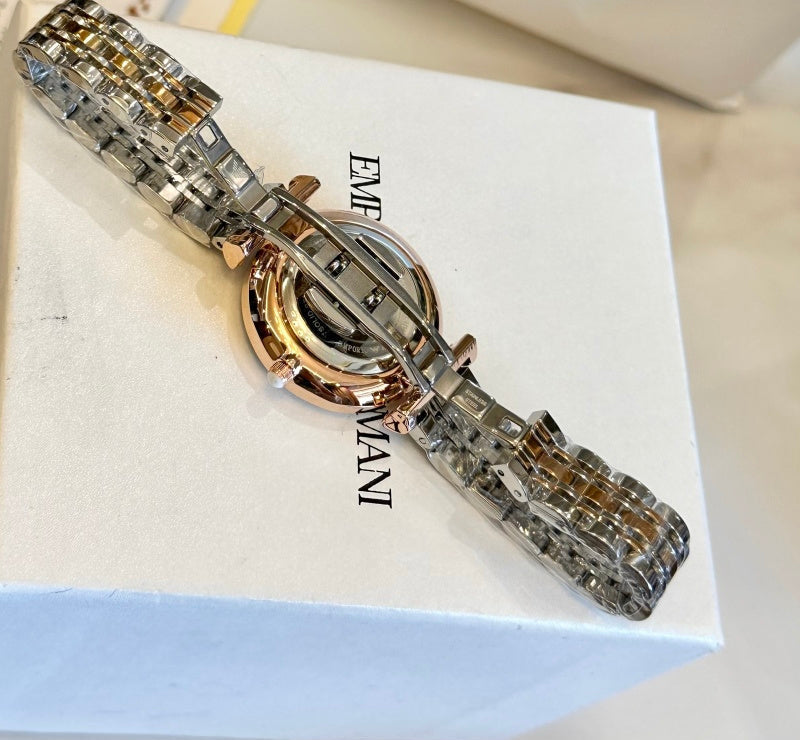 Emporio Armani Ladies Watch – Two-Tone Crystal Bezel Mother-of-Pearl