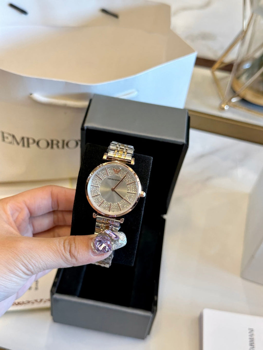 Emporio Armani Ladies Watch – Two-Tone Crystal Bezel Mother-of-Pearl