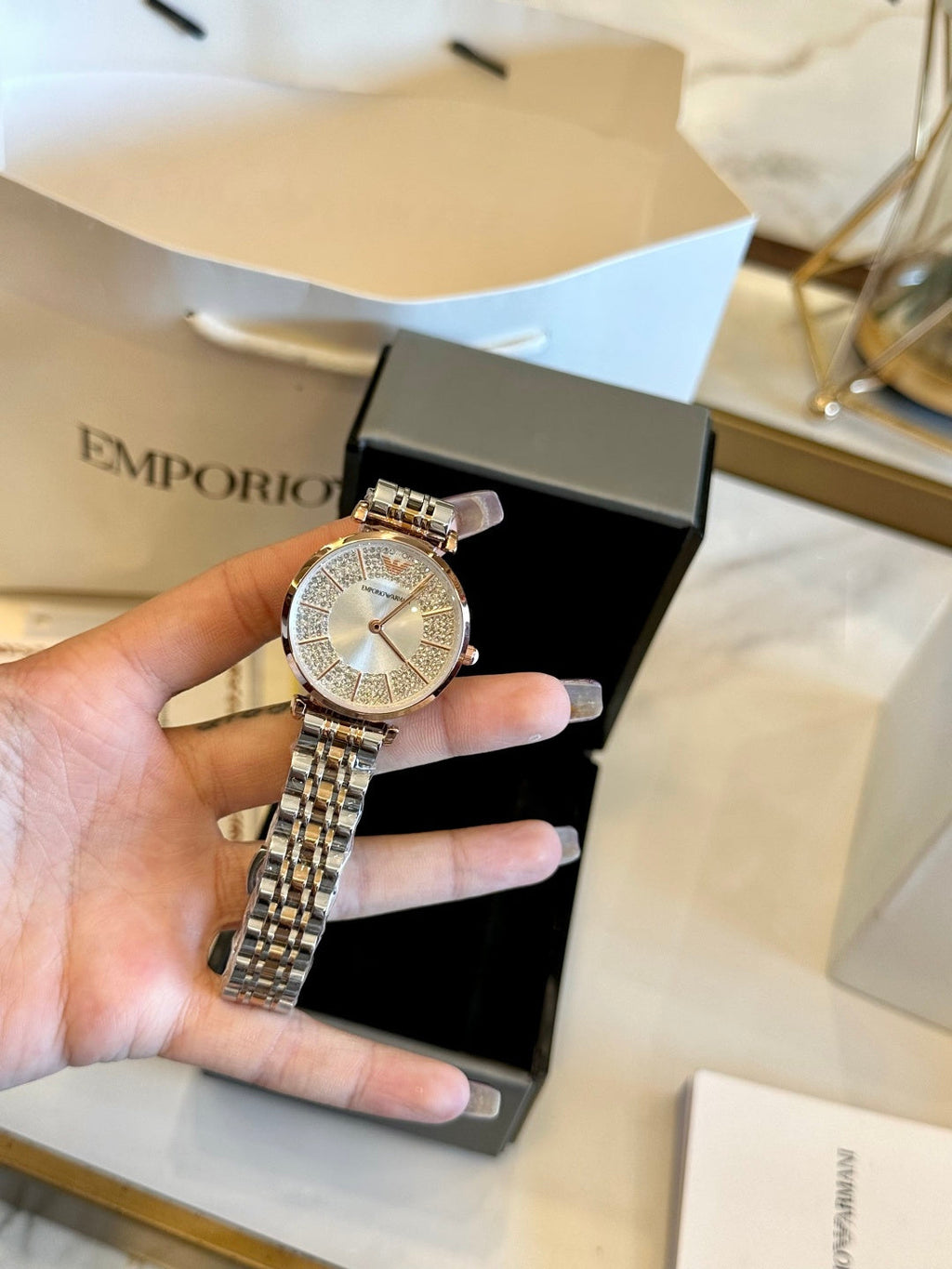 Emporio Armani Ladies Watch – Two-Tone Crystal Bezel Mother-of-Pearl