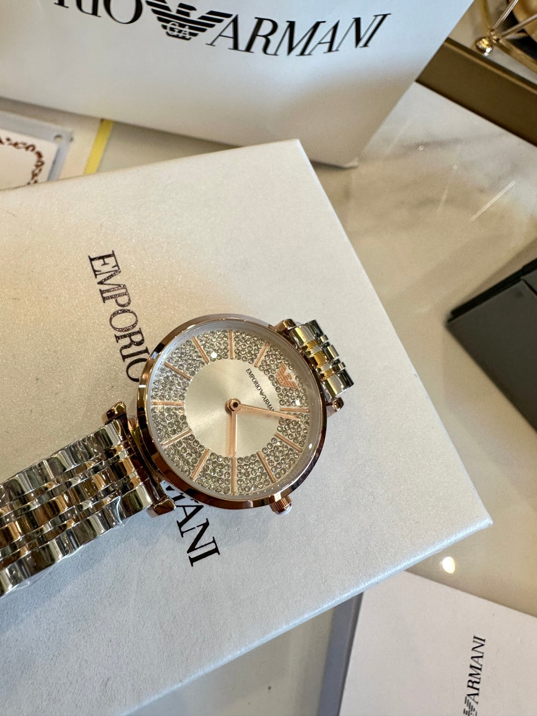 Emporio Armani Ladies Watch – Two-Tone Crystal Bezel Mother-of-Pearl