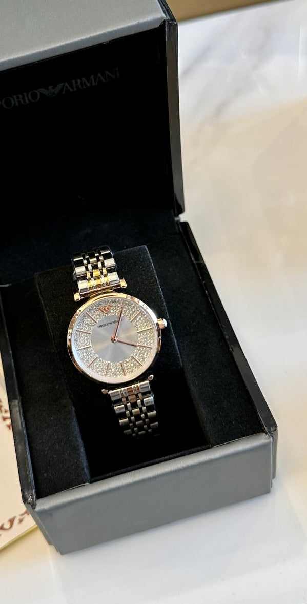 Emporio Armani Ladies Watch – Two-Tone Crystal Bezel Mother-of-Pearl