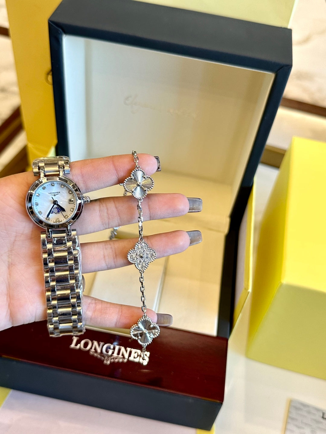 Longines PrimaLuna Ladies Watch & Clover Bracelet Gift Set