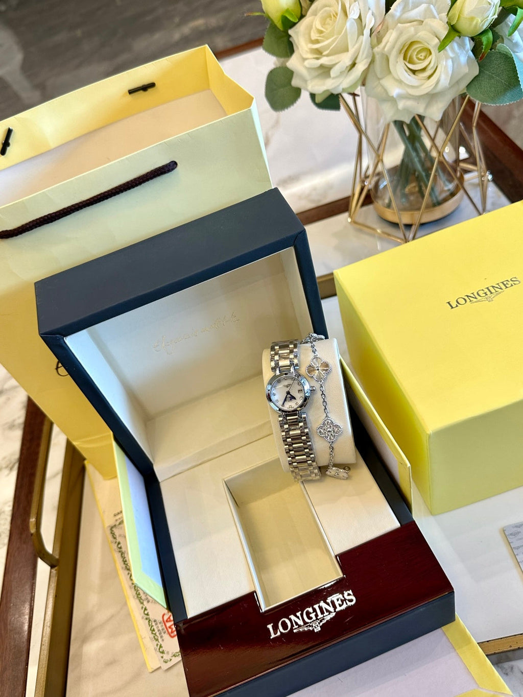 Longines PrimaLuna Ladies Watch & Clover Bracelet Gift Set