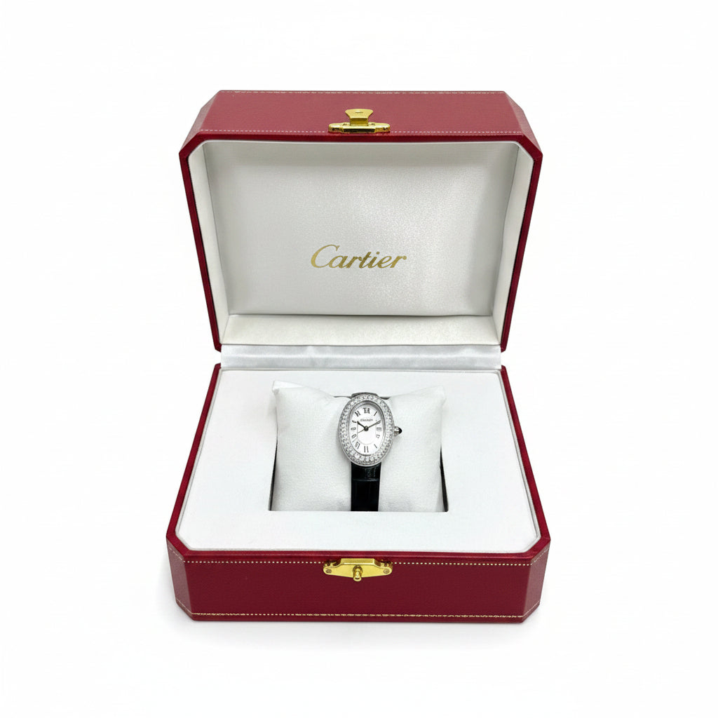 Cartier Baignoire Ladies Diamond Watch – Black Leather Strap